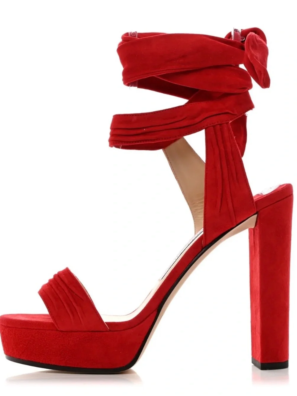 Jimmy Choo Red Soft Suede Kaytrin 120,5 inch Platform Block Heels with Ankle Bow